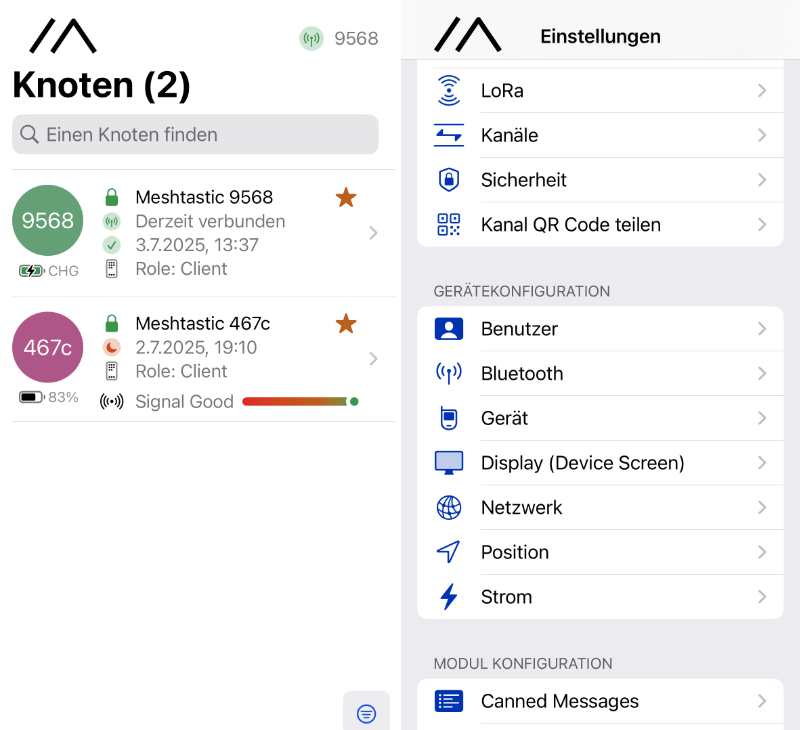 Screenshot der Meshtastic-App